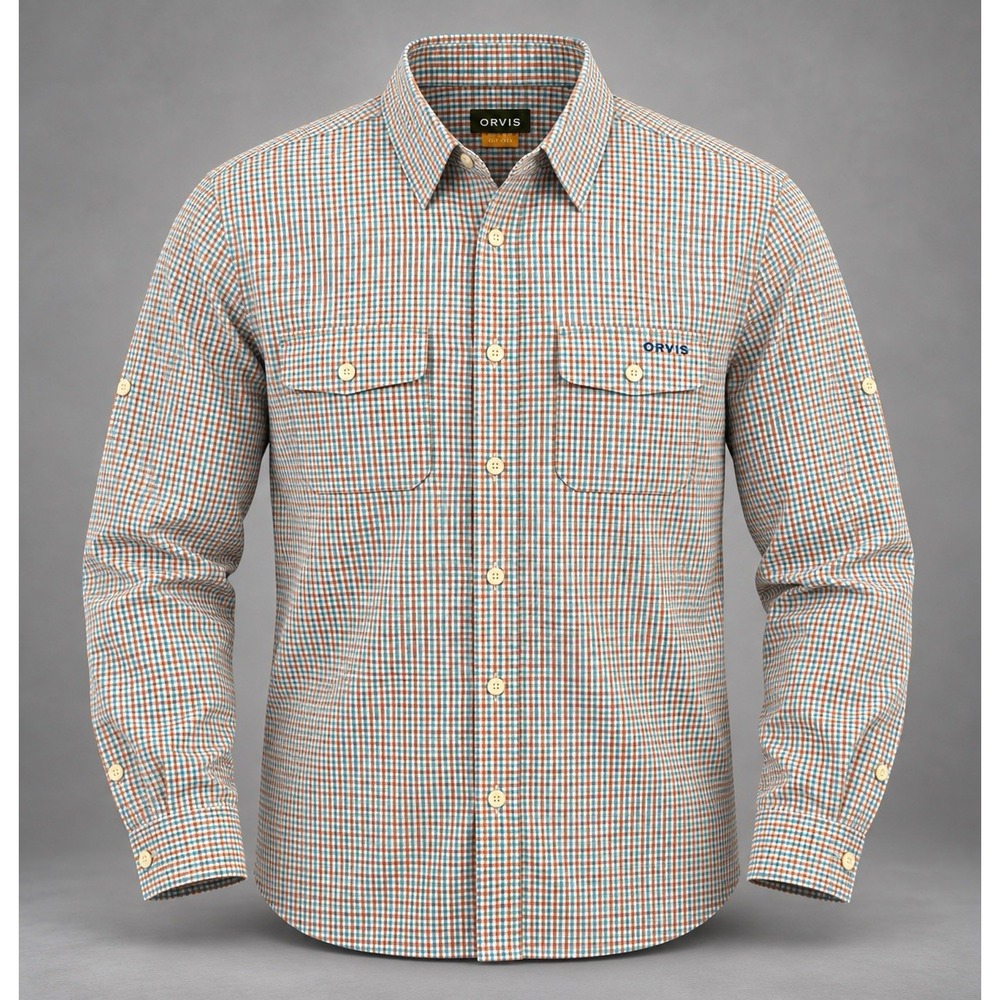 Orvis Button Up Shirt Mens XXL Active Fit Seersucker Orange Blue Fishing Travel